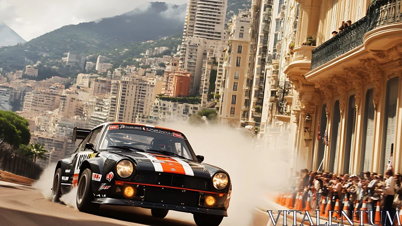 Racing car initiates high-traction drift through dense urban streetscape