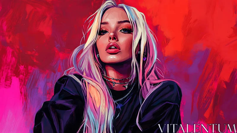 Stylized digital portrait of woman against red gradient backdrop