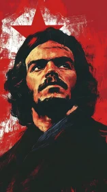 Revolutionary portrait gazes upward against bold red star