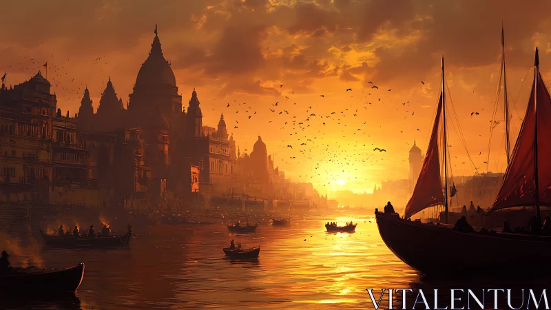 Sunlit temple harbor glows over crowded river at dusk.