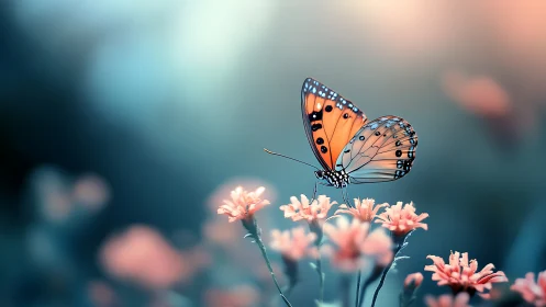 Butterfly rests on soft pink flowers against blurred teal background