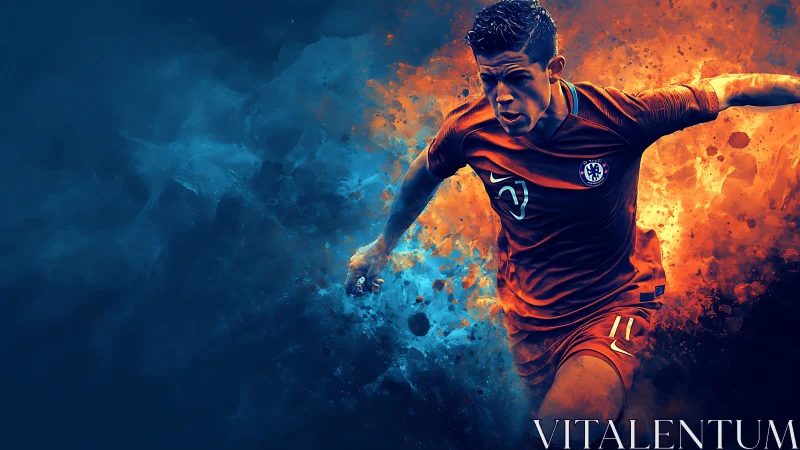 Digital soccer forward in orange kit bursts through color field.