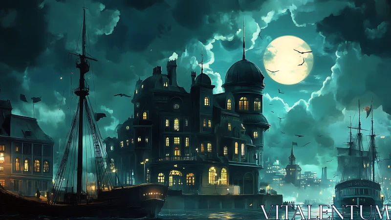 Moonlit harbor manor glows against stormy teal cloudscape.
