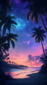Starlit tropical shoreline soaked in dreamy neon twilight.