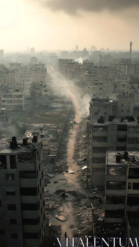 War-torn city street recedes through dense smoky ruins