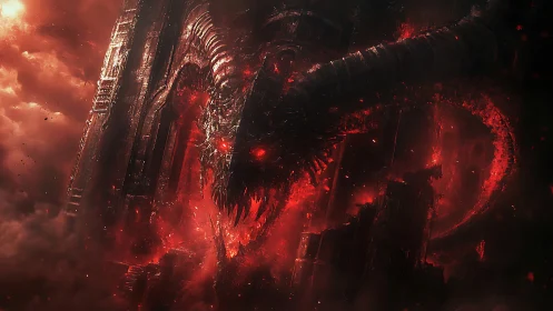 Demonic dragon erupts from molten hell fortress in storming fire