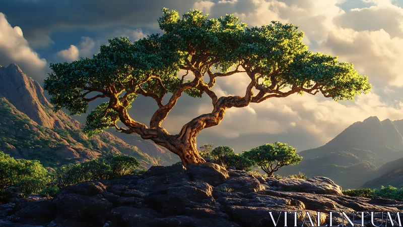 Windswept mountain tree crowns sunlit volcanic ridgeline.