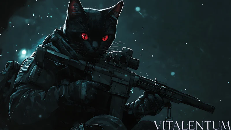 Midnight commando cat with glowing red hunter eyes.