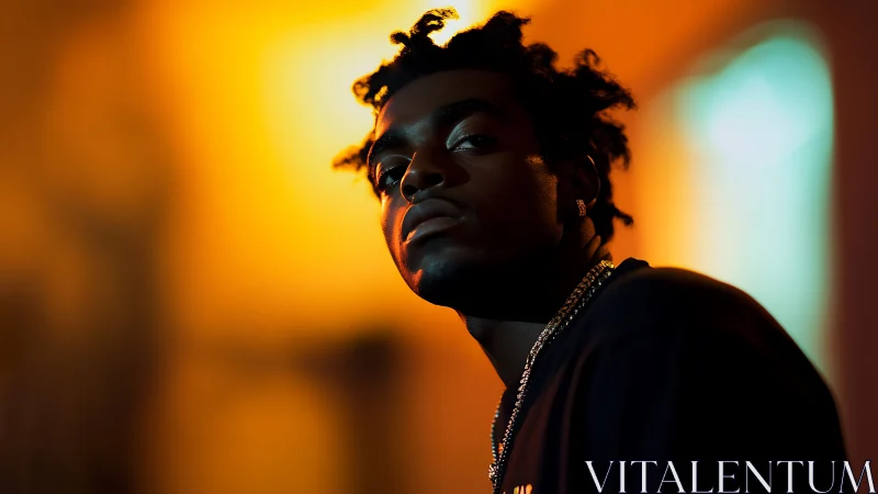 Moody low-key portrait under vivid orange streetlight glow