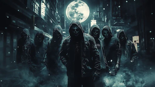 Hooded skull-masked gang advances through misty neon alleyway