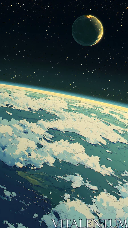 Oblique orbital view of cloud-laden planet beneath crescent moon