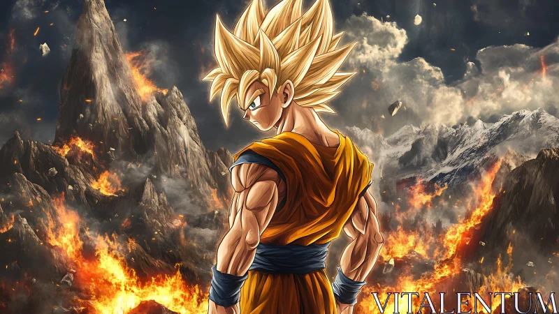 Golden-haired warrior dominates volcanic inferno horizon.