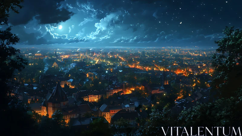 Moonlit cityscape with glowing lights under starry sky.