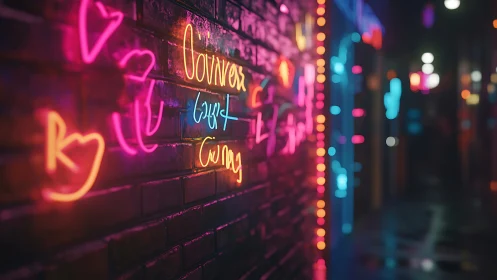 Neon graffiti lettering glows along a moody urban alley wall.