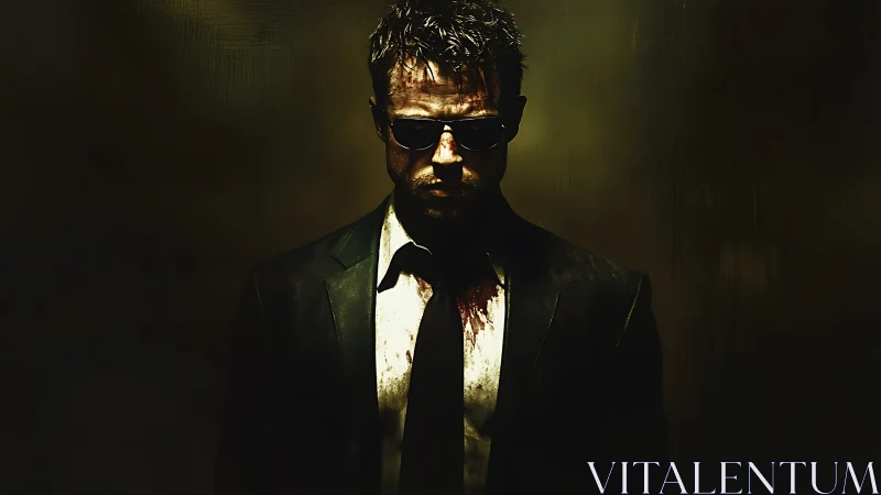 Bloody man in suit and sunglasses against dark background.