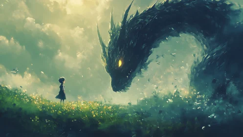 Child meets storm-eyed dragon on a trembling field of light
