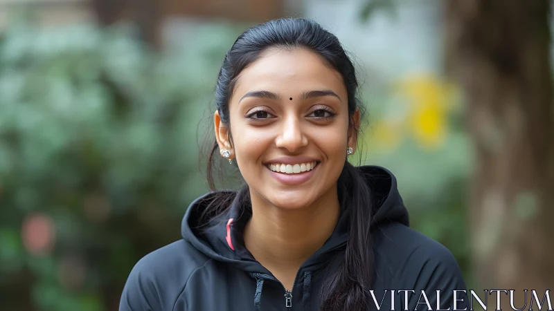 Young woman smiling outdoors in casual athletic wear, natural style.