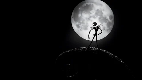 Moonlit skeleton silhouette crowns a curling haunted hill.