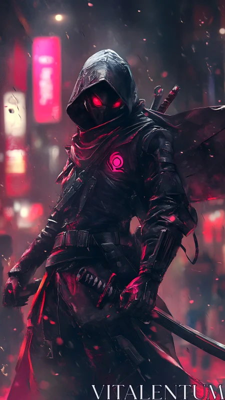Neon-eyed street wraith stalks through rainlit cyber alleyways
