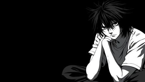 Monochrome anime portrait of pensive seated boy on black field