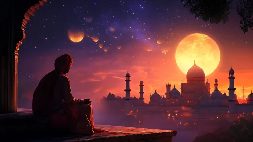 Moon crowns a dreamlit palace as a silent watcher waits