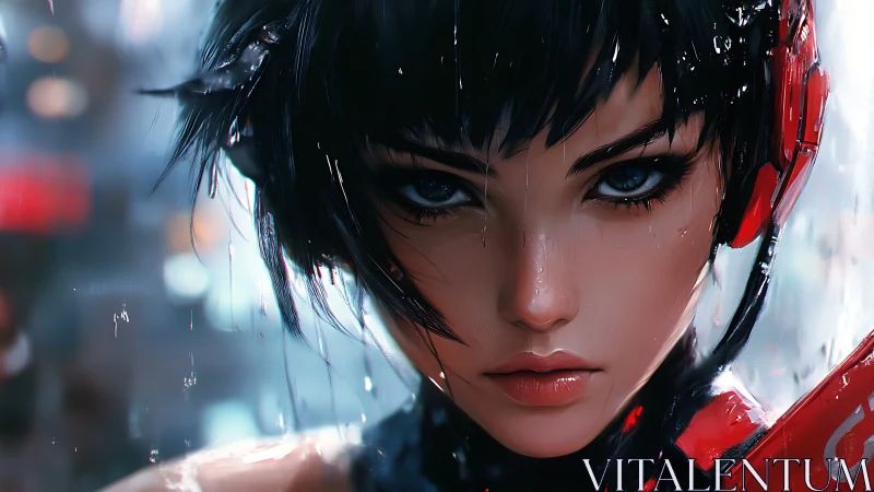Storm-soaked cyber girl holds a fierce gaze in neon rain