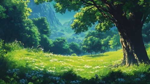 Pastoral valley landscape with ancient tree structure.