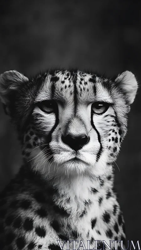 Cheetah portrait in moody monochrome studio lighting.