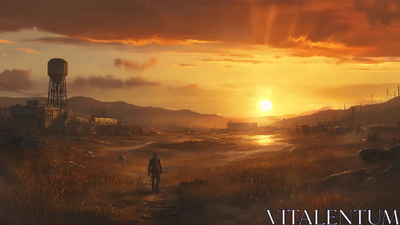 Solitary recon operative crossing postindustrial sunset basin.