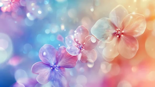 Soft focus digital flowers on multicolor bokeh field.