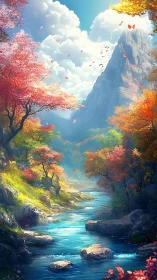 Skybright river valley under spellbound autumn canopies.