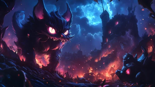 Gigantic demonic cat stalks burning gothic fortress under neon moon