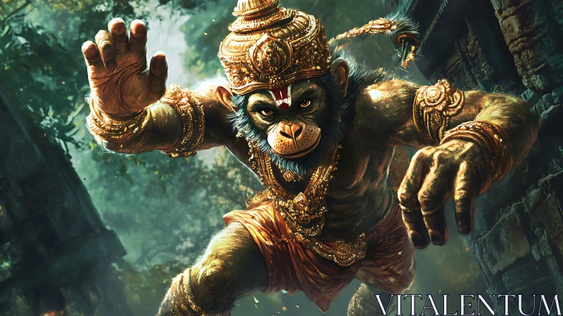 Mythic warrior monkey lunges through jungled temple light