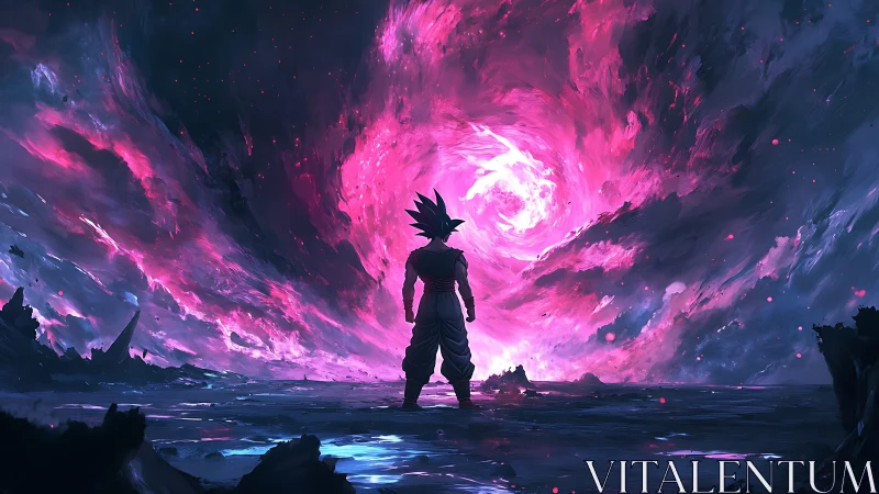 Cosmic warrior weighs his power against a raging violet storm