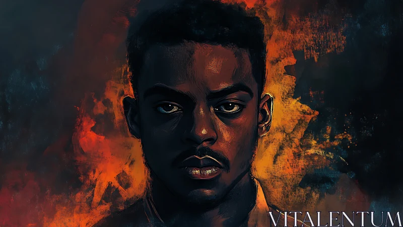 Intense portrait burns through shadow with molten color.