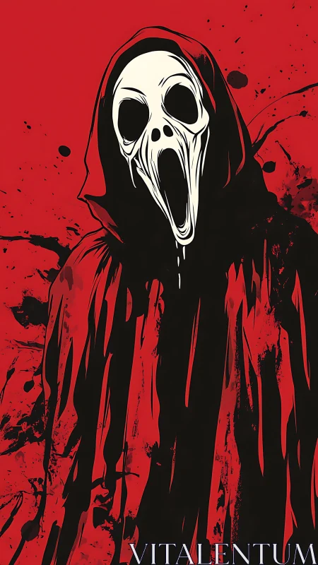 Hooded specter with screaming skull mask on blood red field.