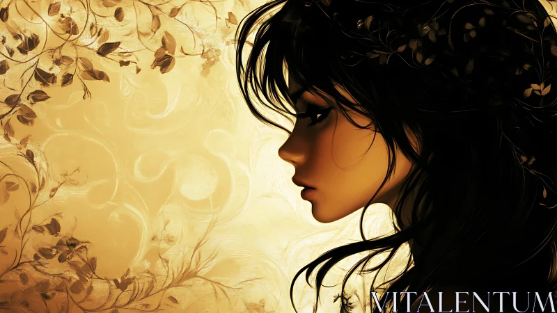 Profile portrait of stylized woman against ornamental sepia foliage