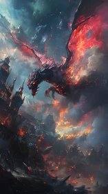 Volcanic dragon engulfs gothic citadel in high-contrast inferno sky