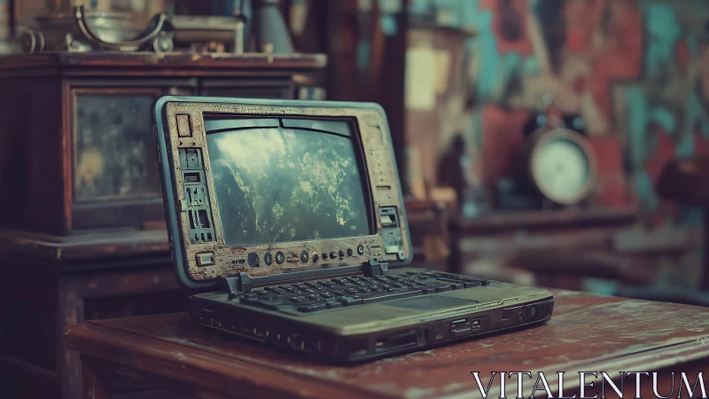 Retro laptop displays earth image on worn wooden table