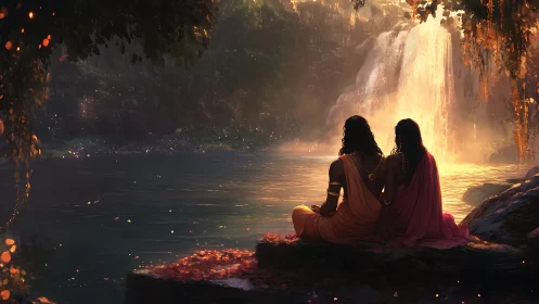Golden waterfall evening invites two friends into quiet wonder