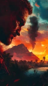 Volcanic warzone portrait over tropical island killzone.