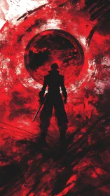 Lone swordsman before blood-red vortex of chaos.