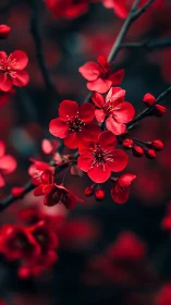 Crimson blossoms concentrated on dark branches with depth of field.