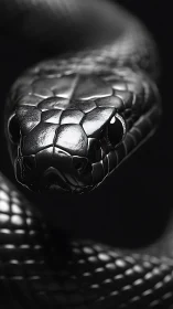 Glossy black snake coils in dramatic monochrome light