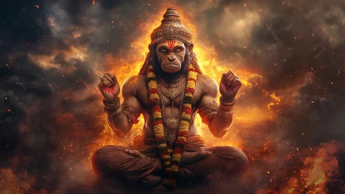 Monkey-headed deity sits in lotus pose amid blazing fire