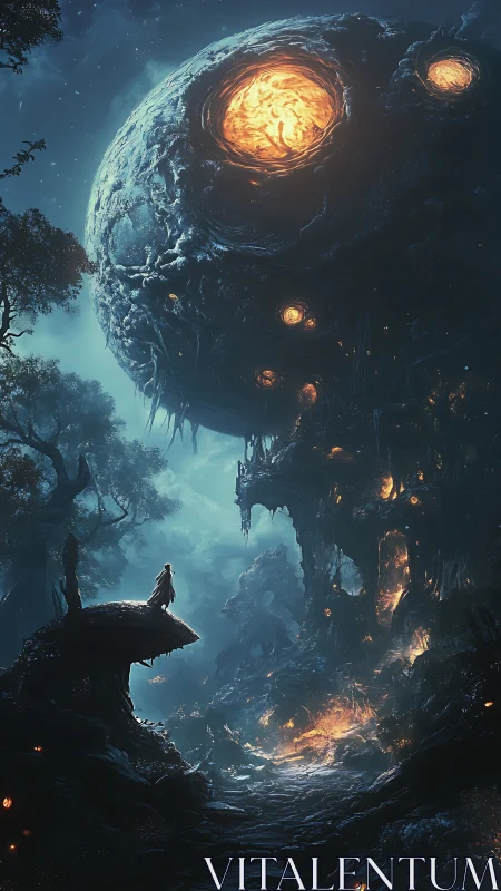 Stargazer beneath molten moon colossus in spectral forest.