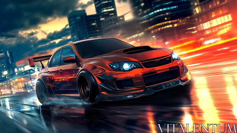 Modified orange sports car racing on wet neon city street.