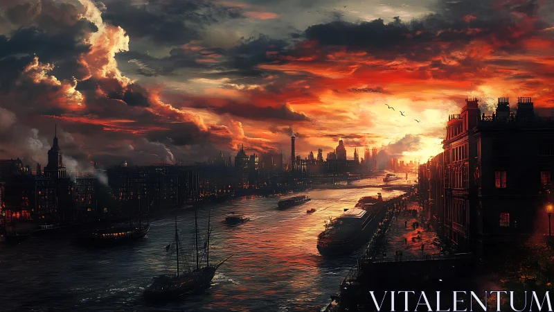 Industrial river cityscape under incendiary sunset sky glows