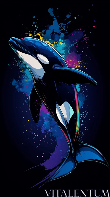 Neon orca pirouette amid cosmic paint-splash galaxies.