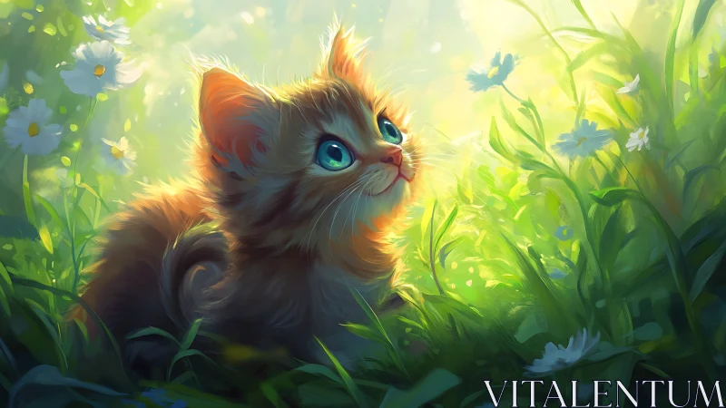 Radiant Kitten in Sunlit Meadow of White Daisies